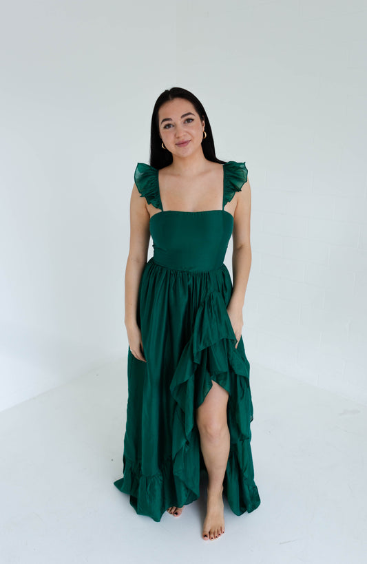 Dark Green High Slit Ruffle Dress