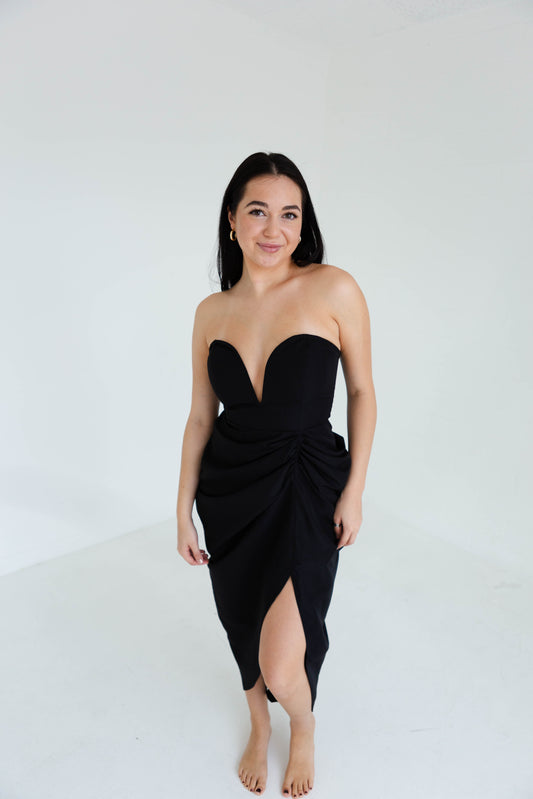 Black Deep V Midi High Slit Dress