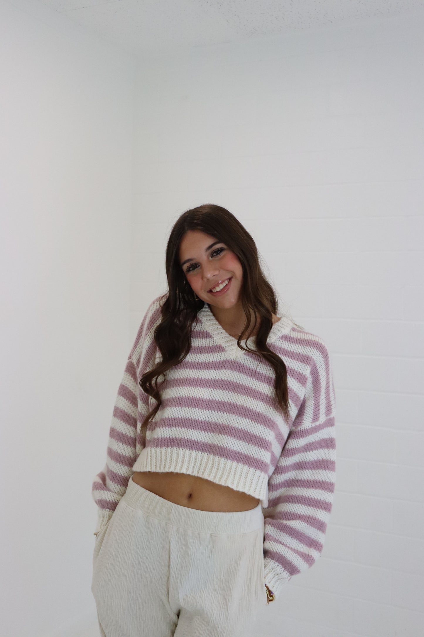 White & Pink Striped V-Neck Cropped Sweater