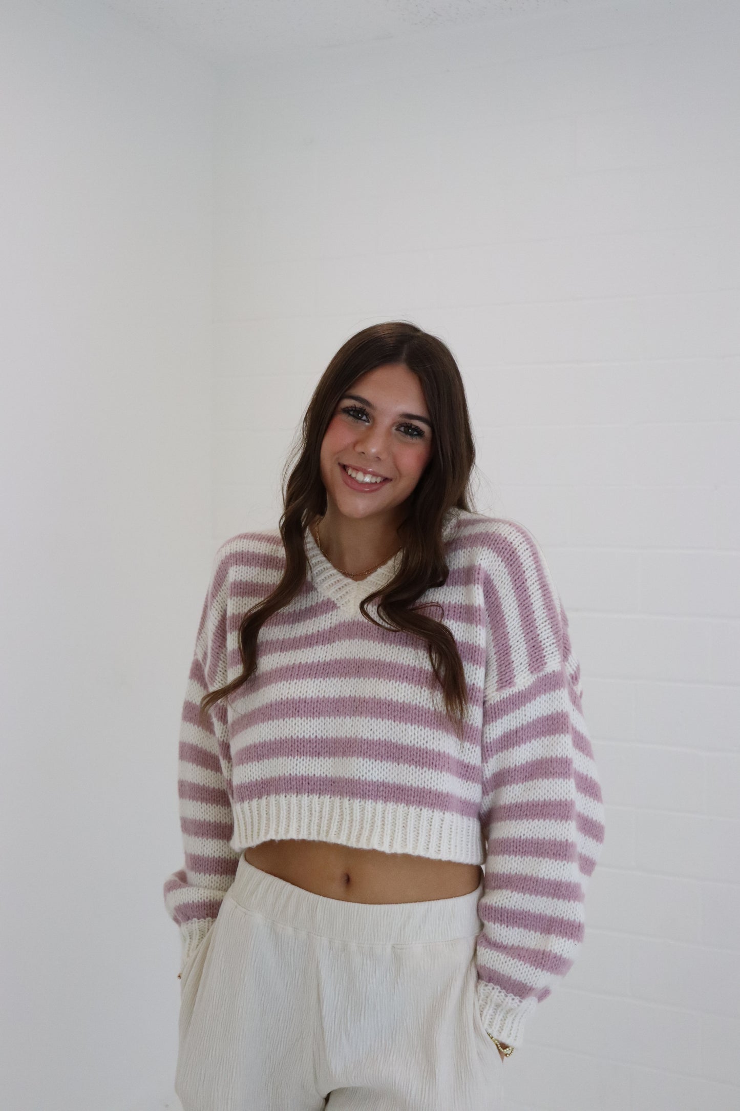 White & Pink Striped V-Neck Cropped Sweater