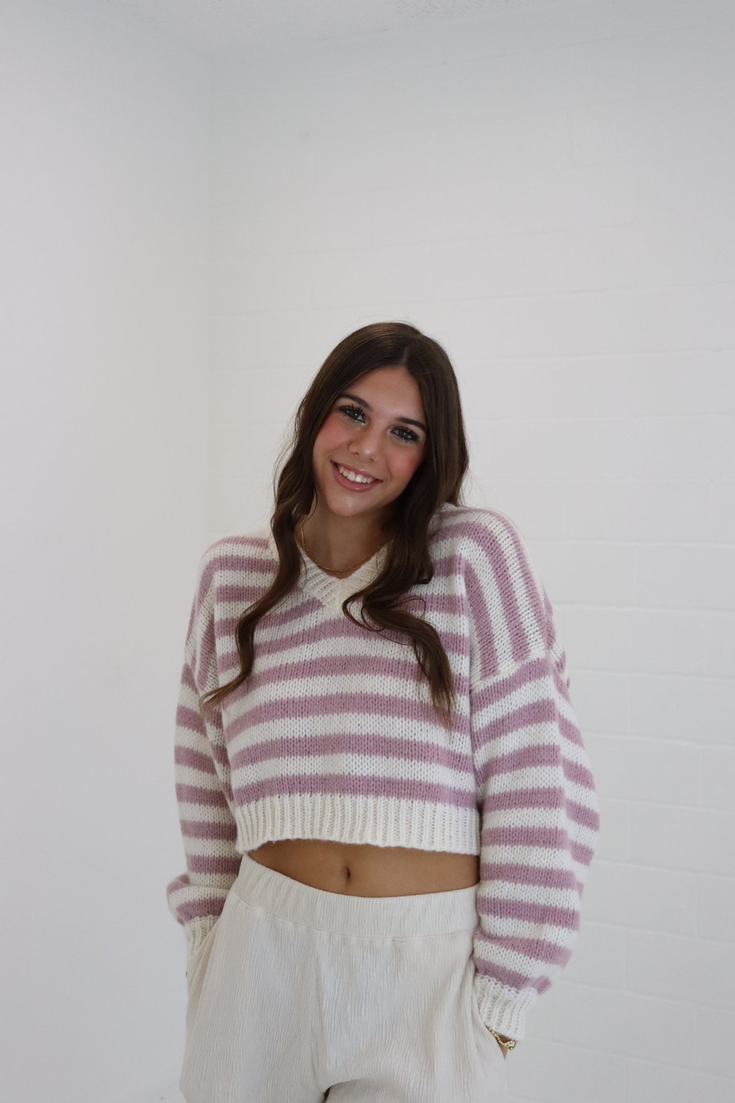 White & Pink Striped V-Neck Cropped Sweater