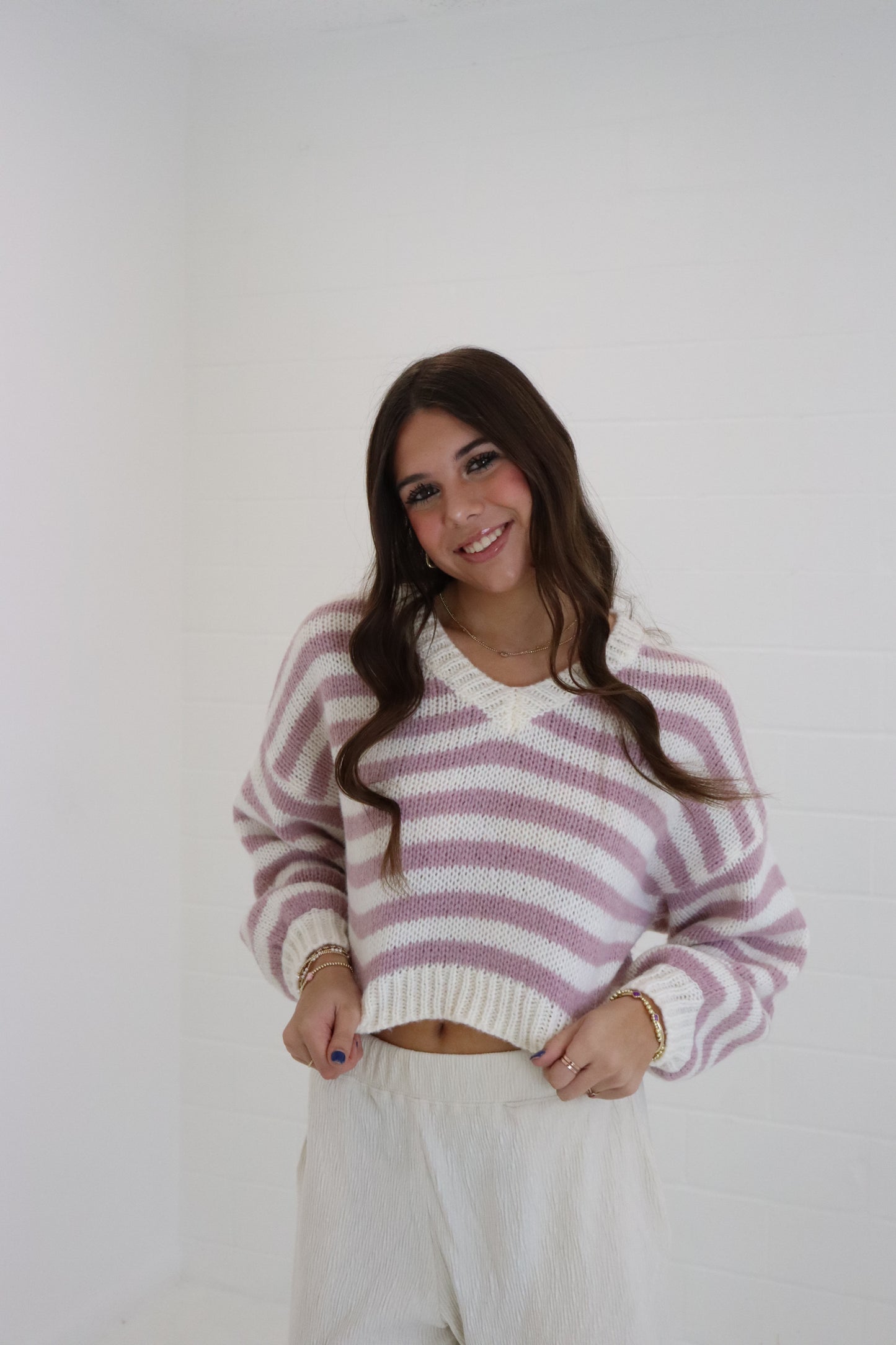 White & Pink Striped V-Neck Cropped Sweater