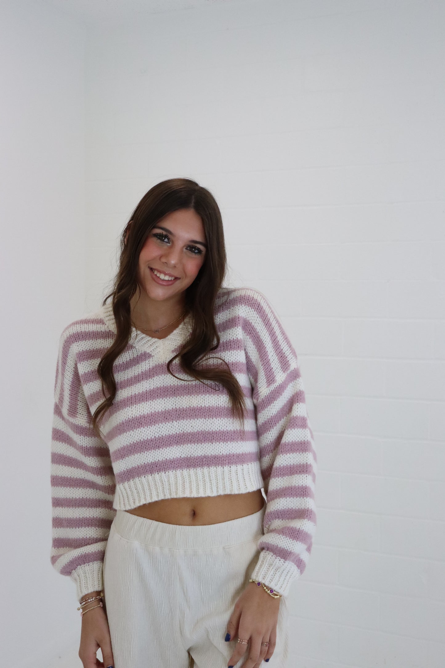 White & Pink Striped V-Neck Cropped Sweater