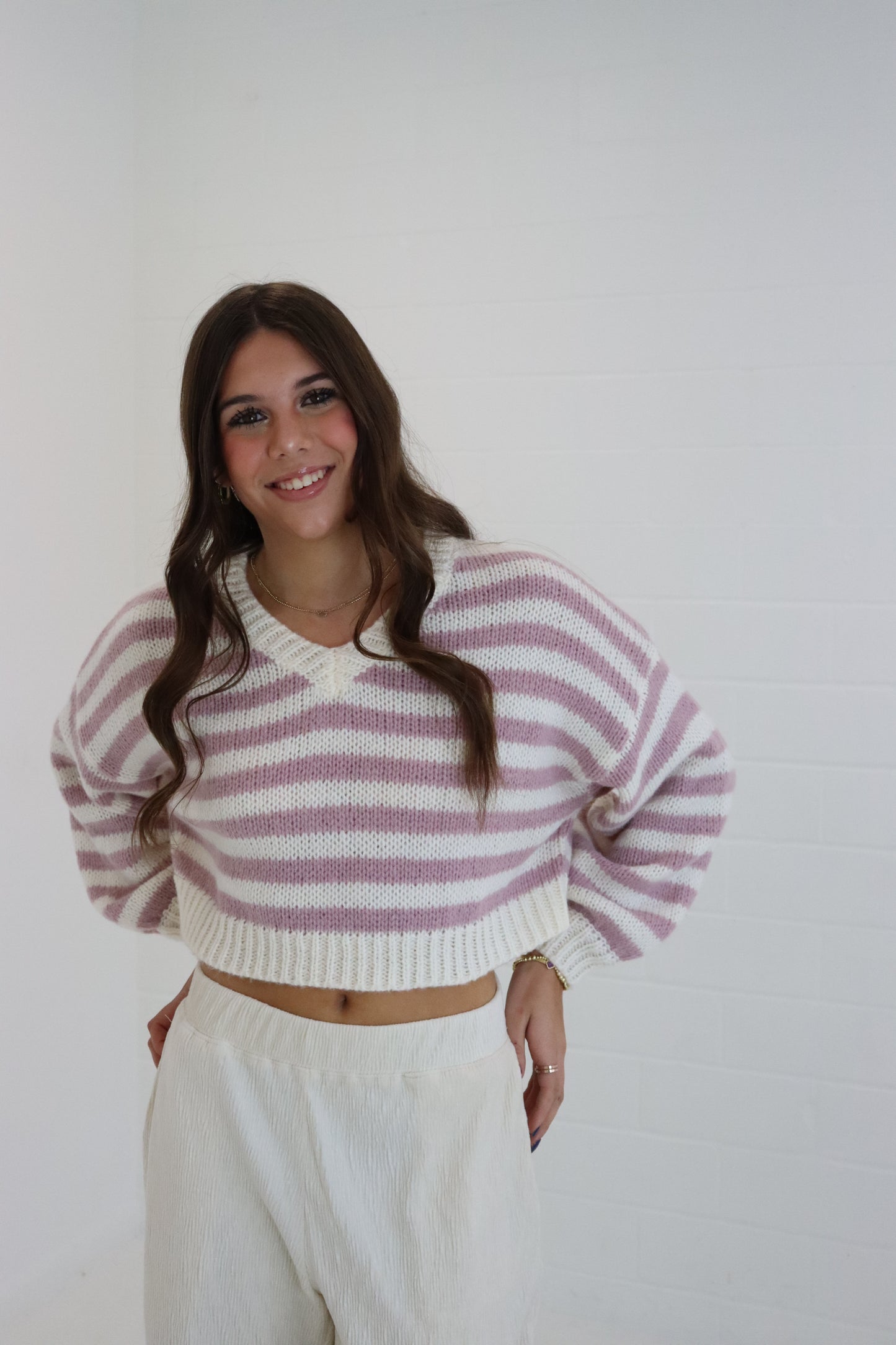 White & Pink Striped V-Neck Cropped Sweater