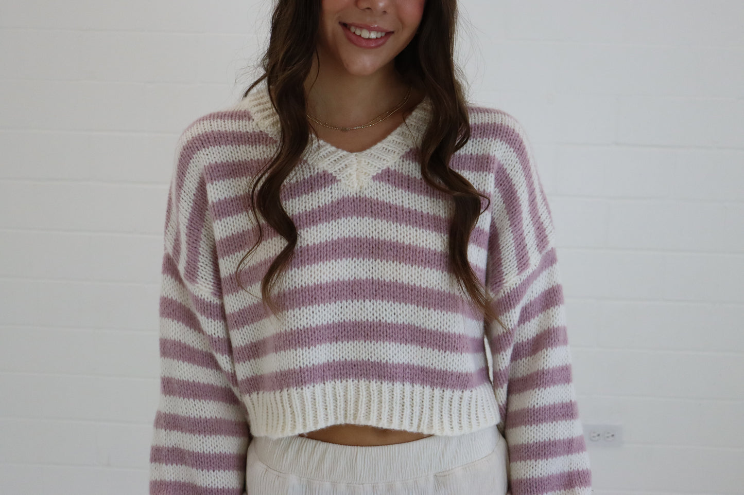 White & Pink Striped V-Neck Cropped Sweater