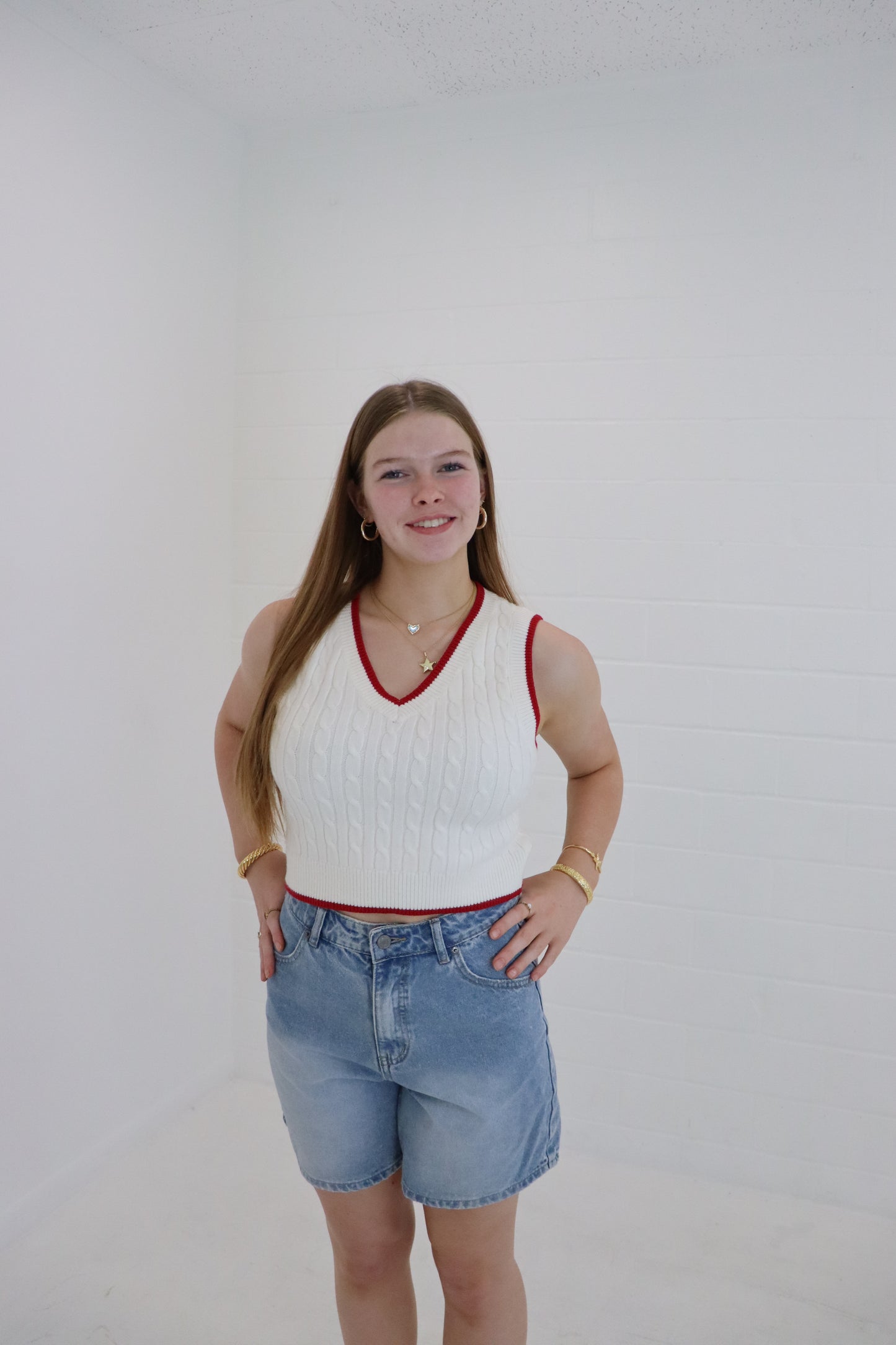 Ivory & Red V-Neck Cable Sweater Vest