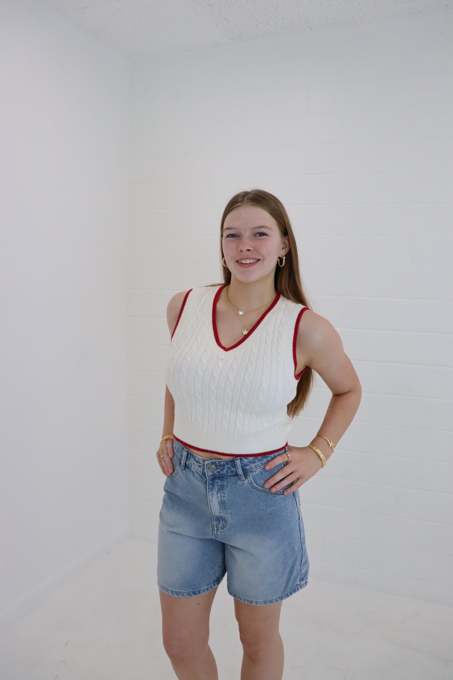 Ivory & Red V-Neck Cable Sweater Vest