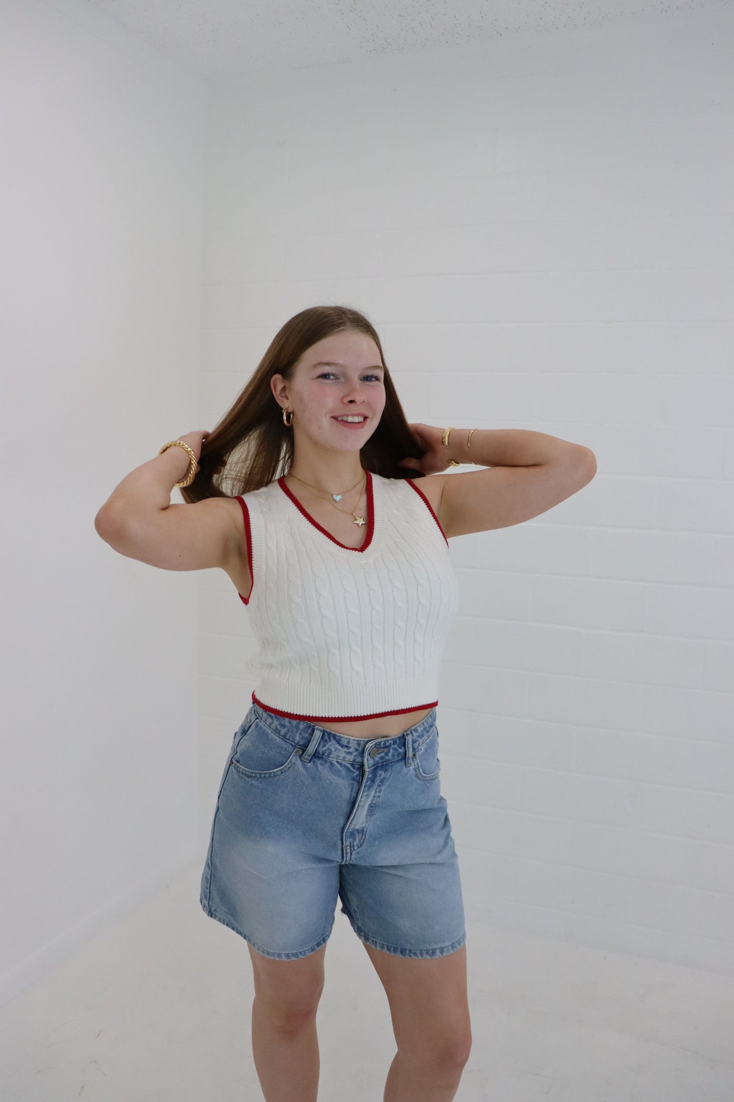 Ivory & Red V-Neck Cable Sweater Vest