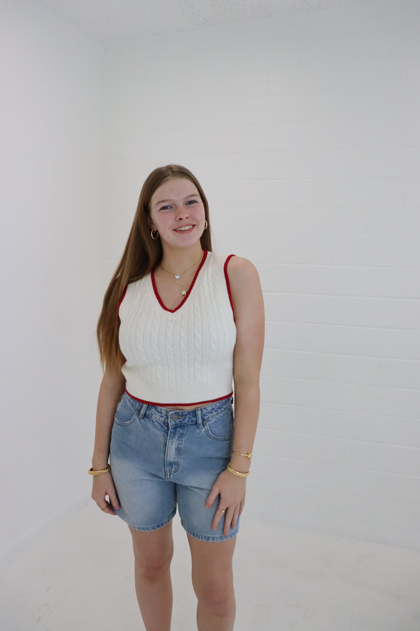 Ivory & Red V-Neck Cable Sweater Vest