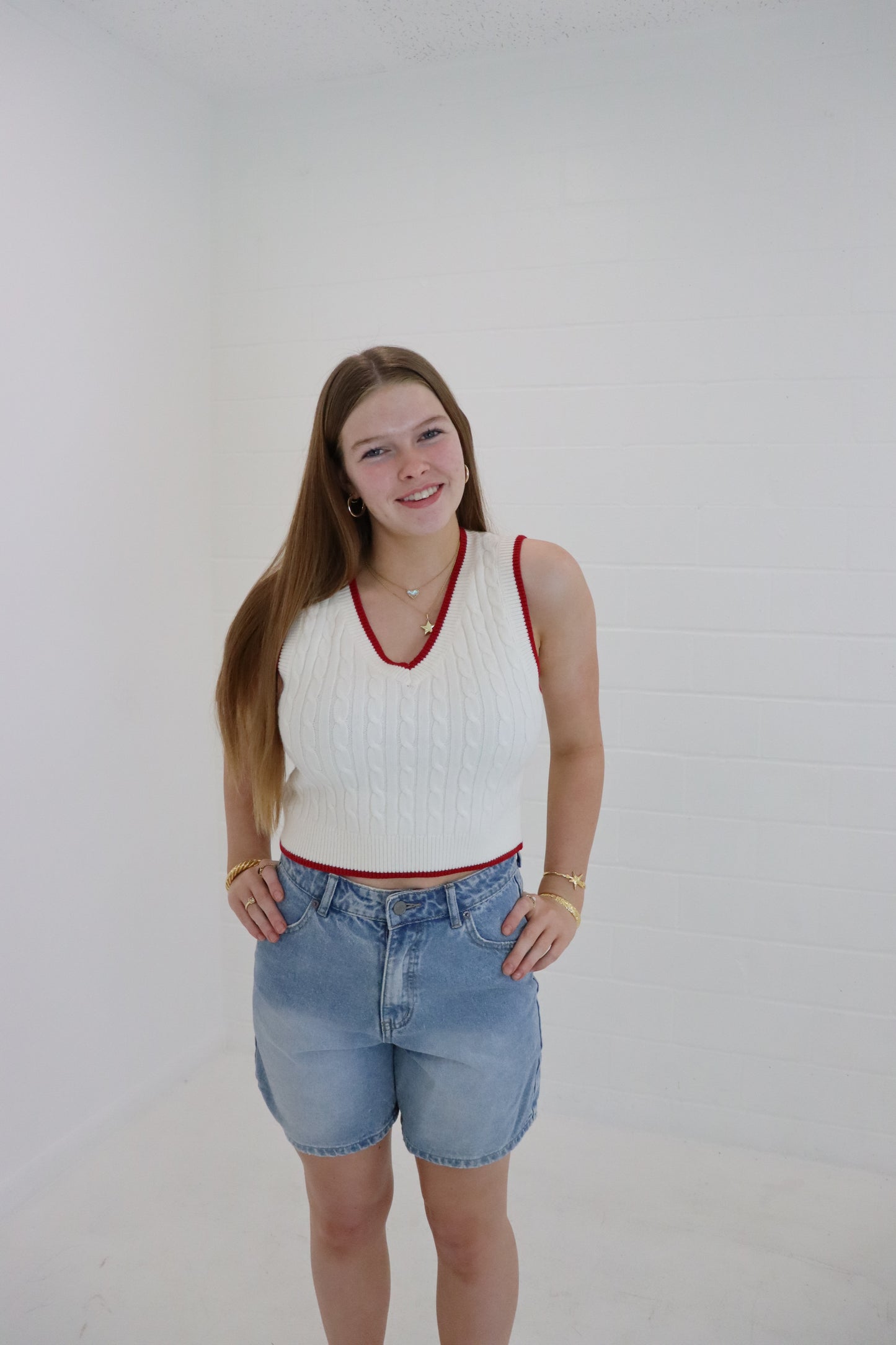 Ivory & Red V-Neck Cable Sweater Vest