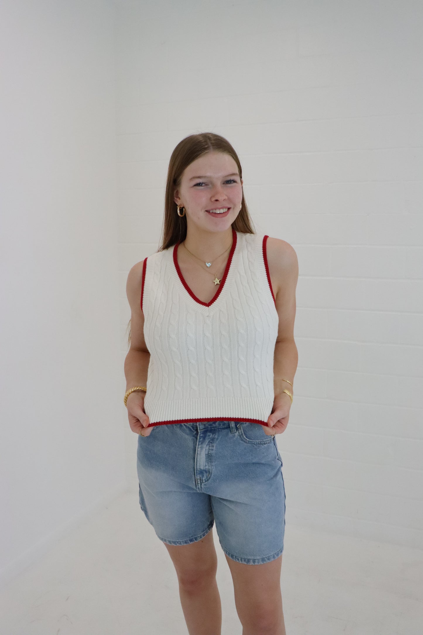 Ivory & Red V-Neck Cable Sweater Vest