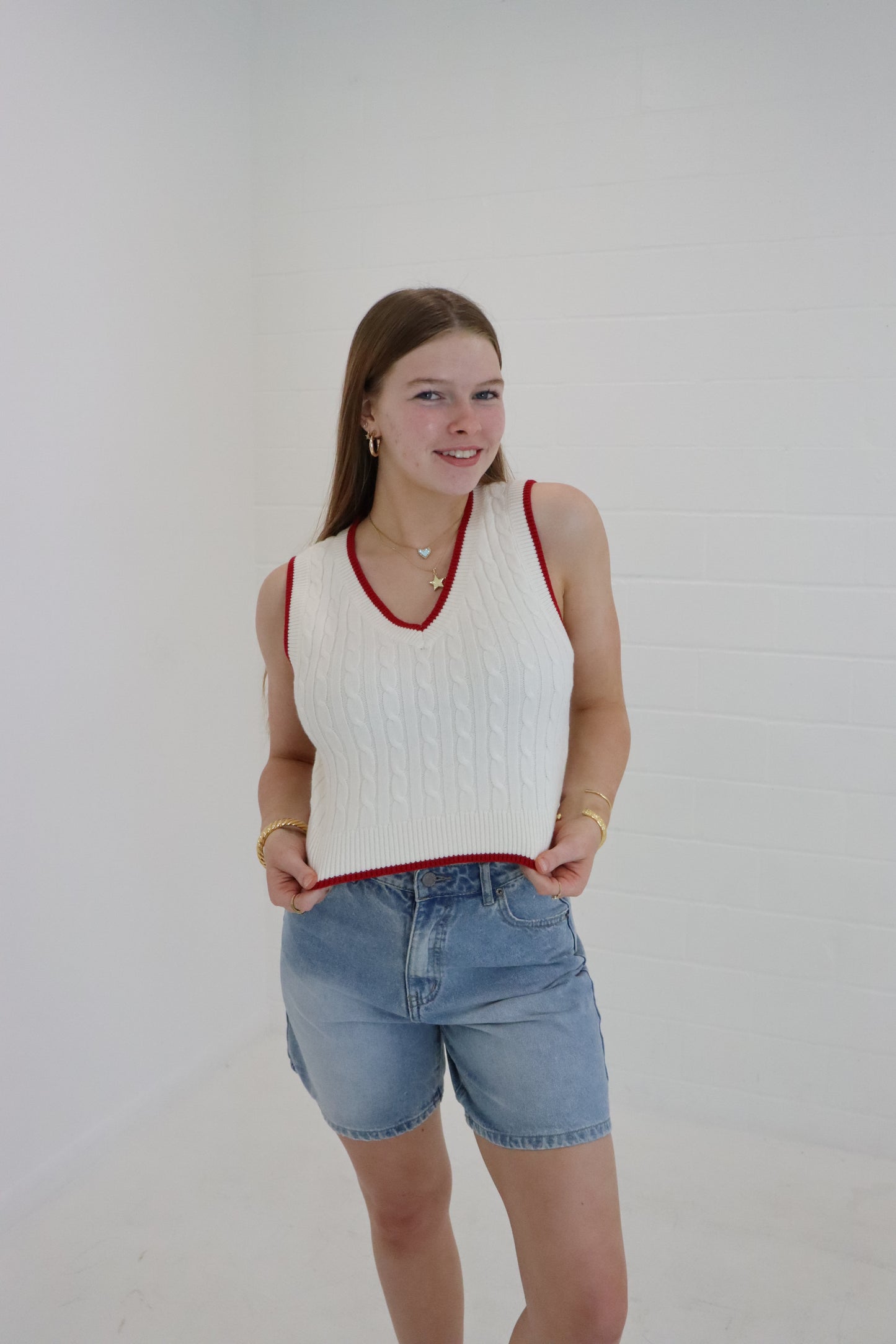 Ivory & Red V-Neck Cable Sweater Vest