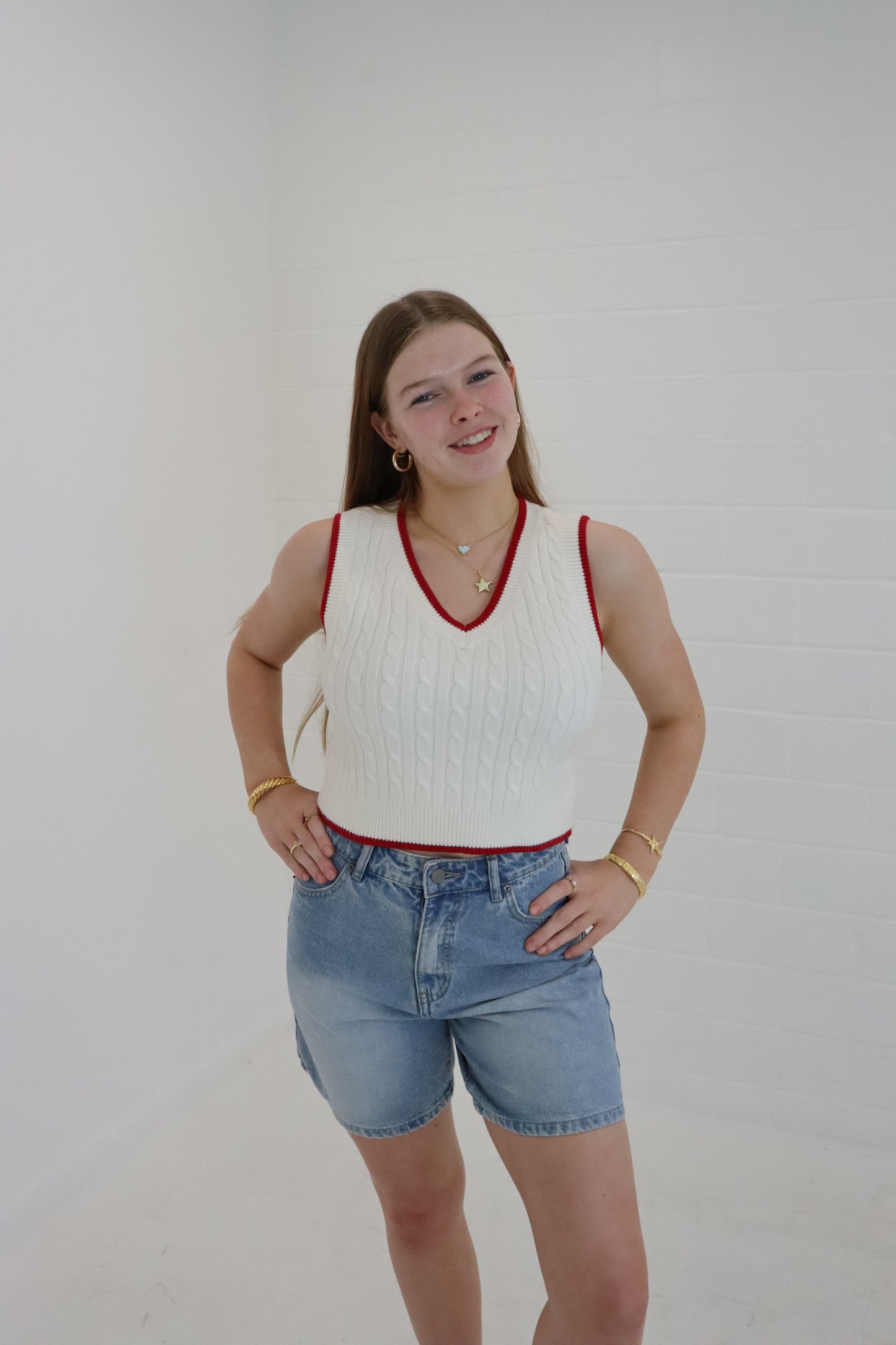 Ivory & Red V-Neck Cable Sweater Vest