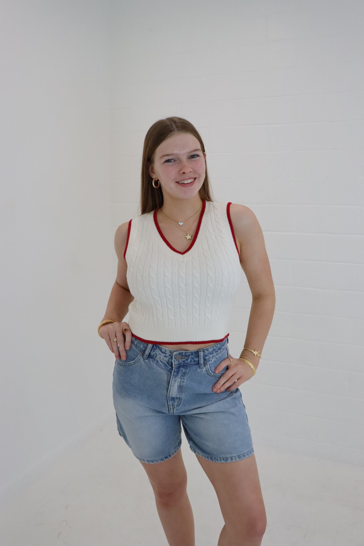 Ivory & Red V-Neck Cable Sweater Vest