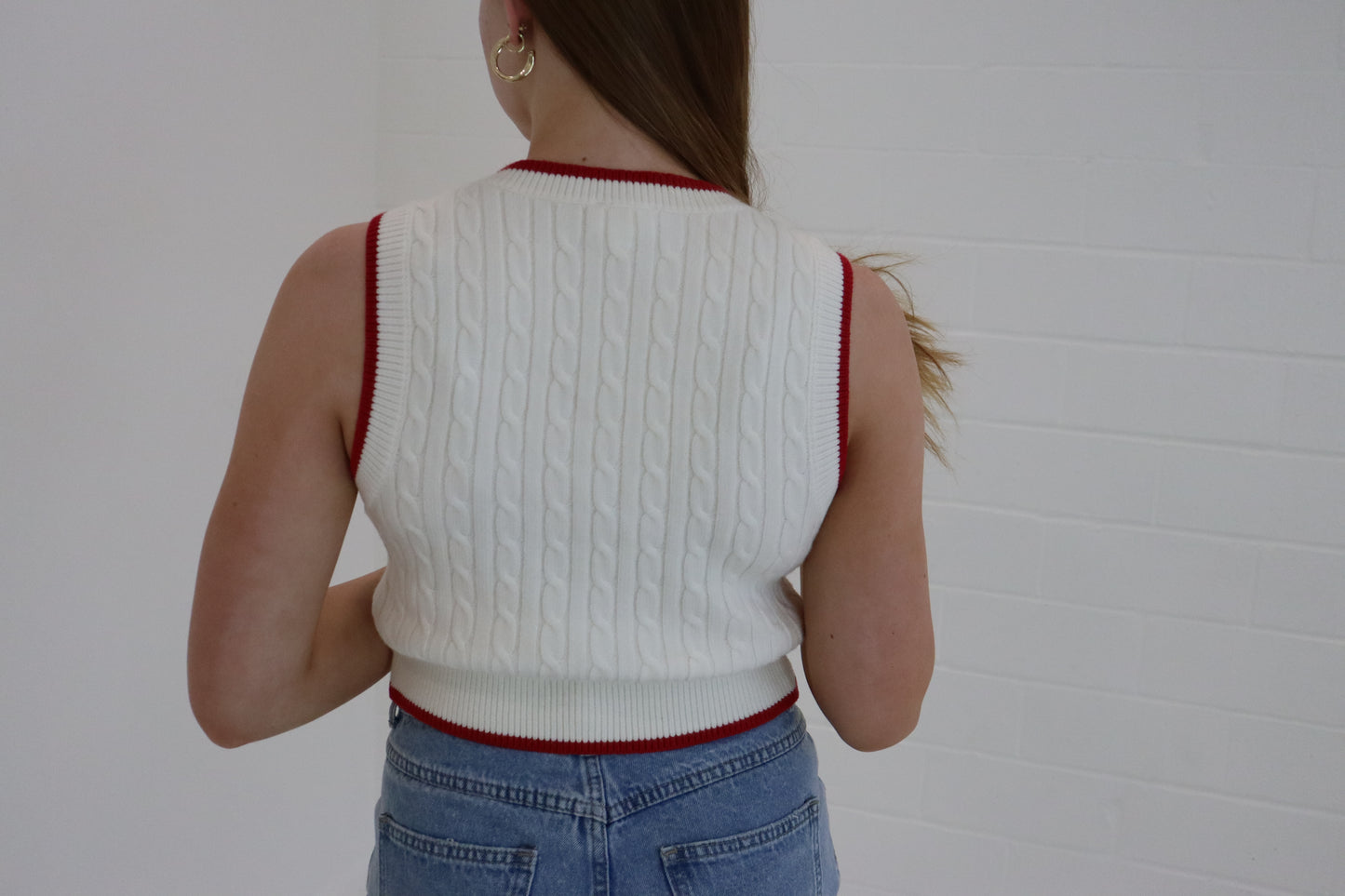 Ivory & Red V-Neck Cable Sweater Vest