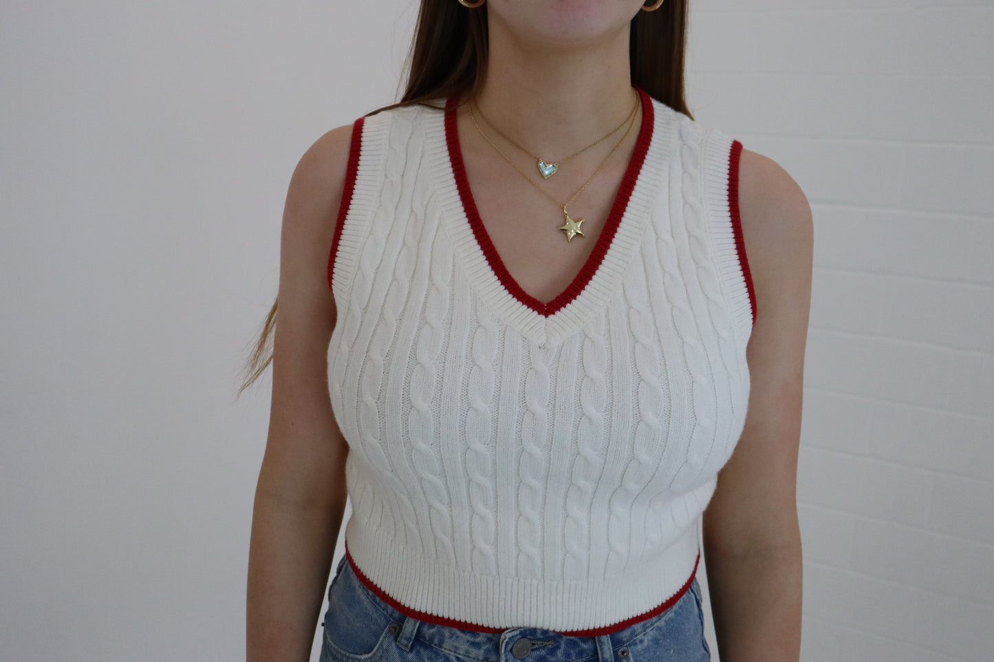 Ivory & Red V-Neck Cable Sweater Vest