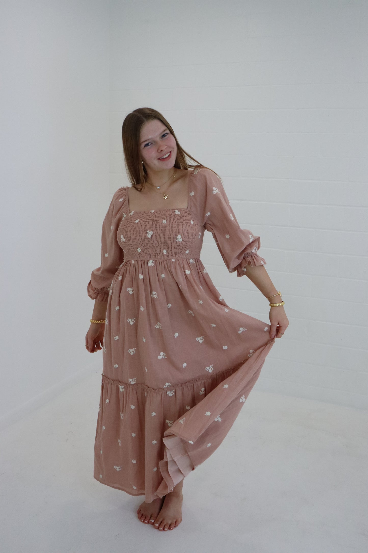 Blush Embroidery Midi Dress