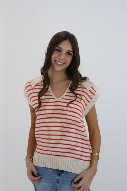 Red & Taupe Striped Collard Sweater Top