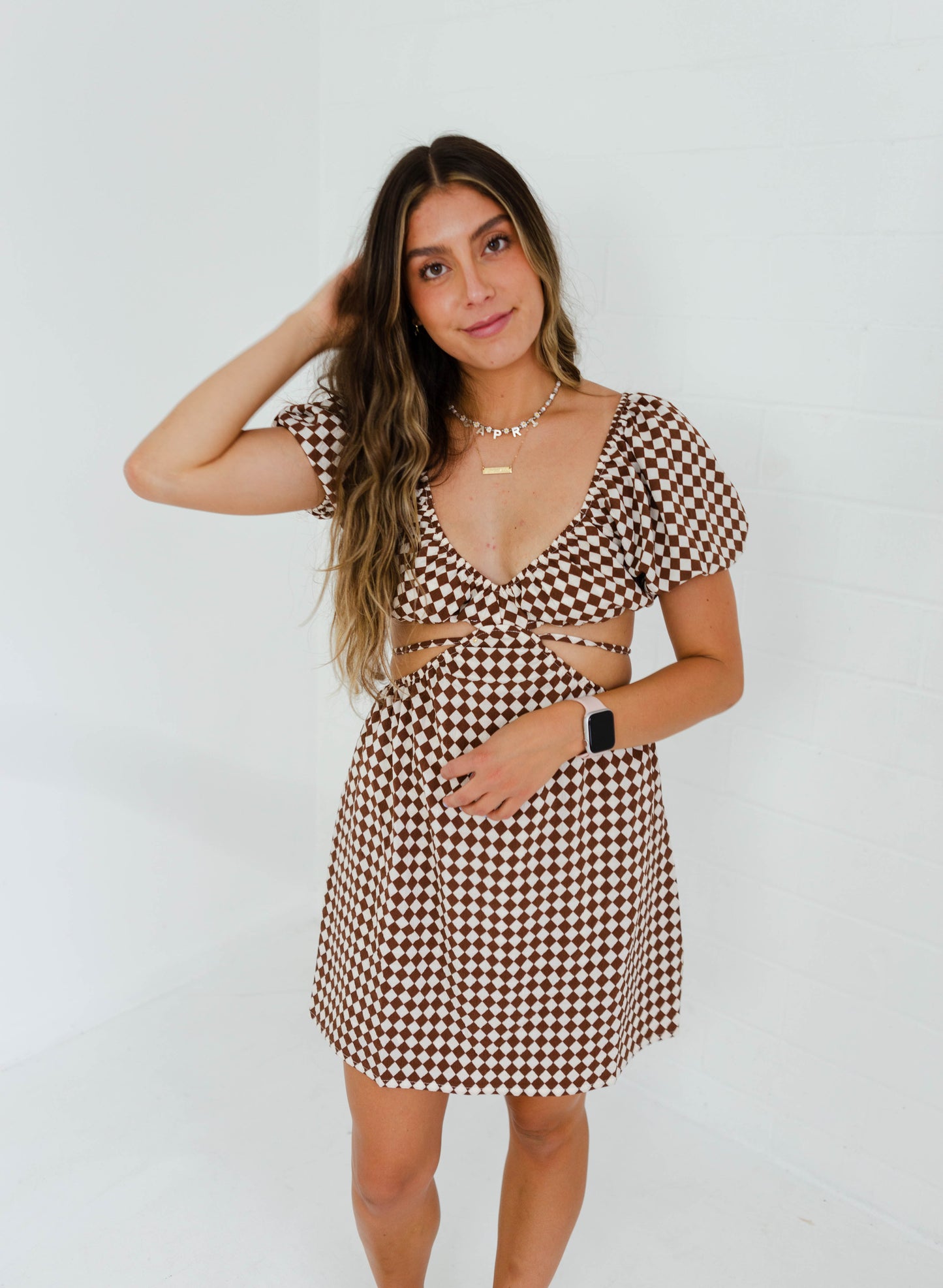 Brown Checkered Cut Out Dress