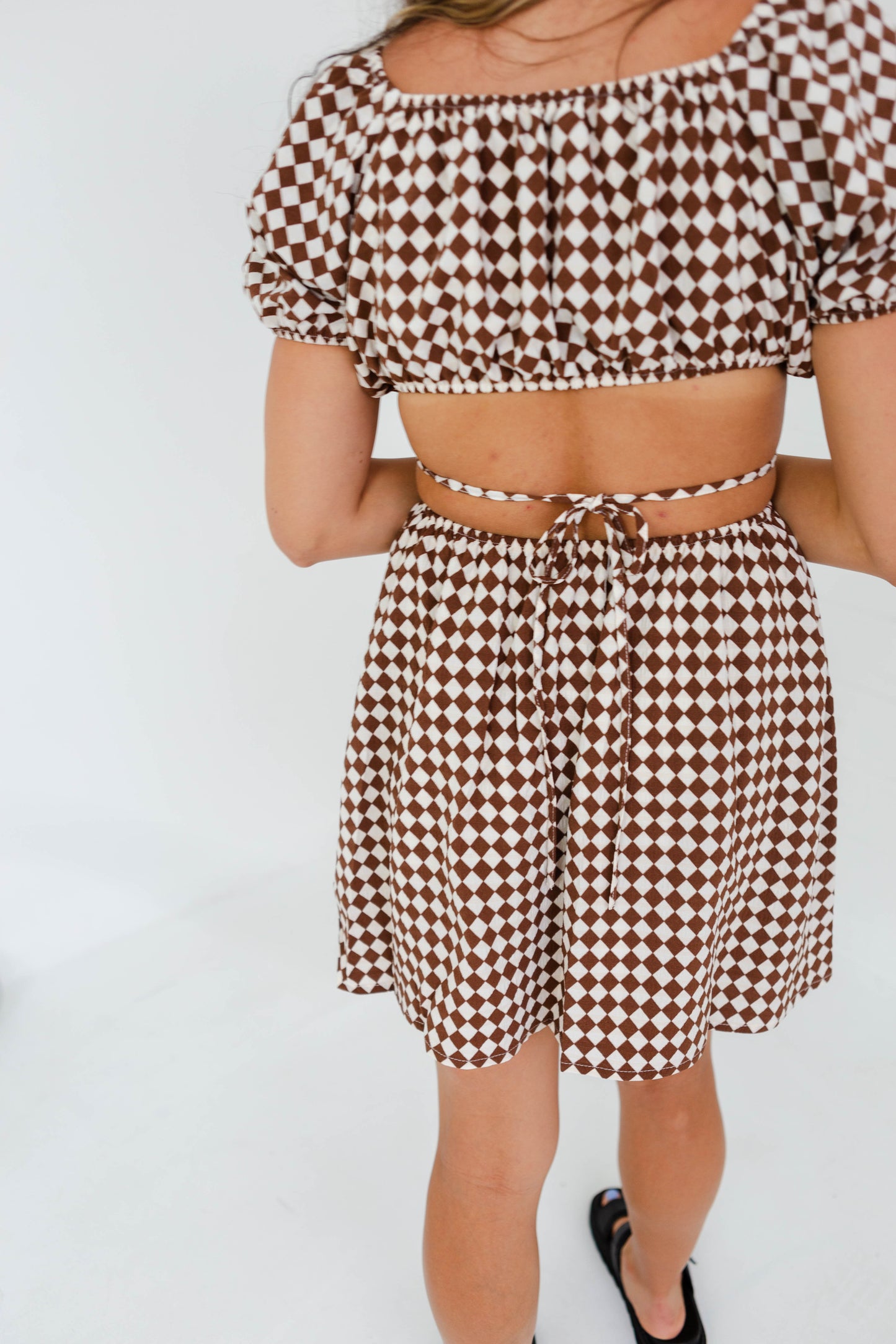 Brown Checkered Cut Out Dress