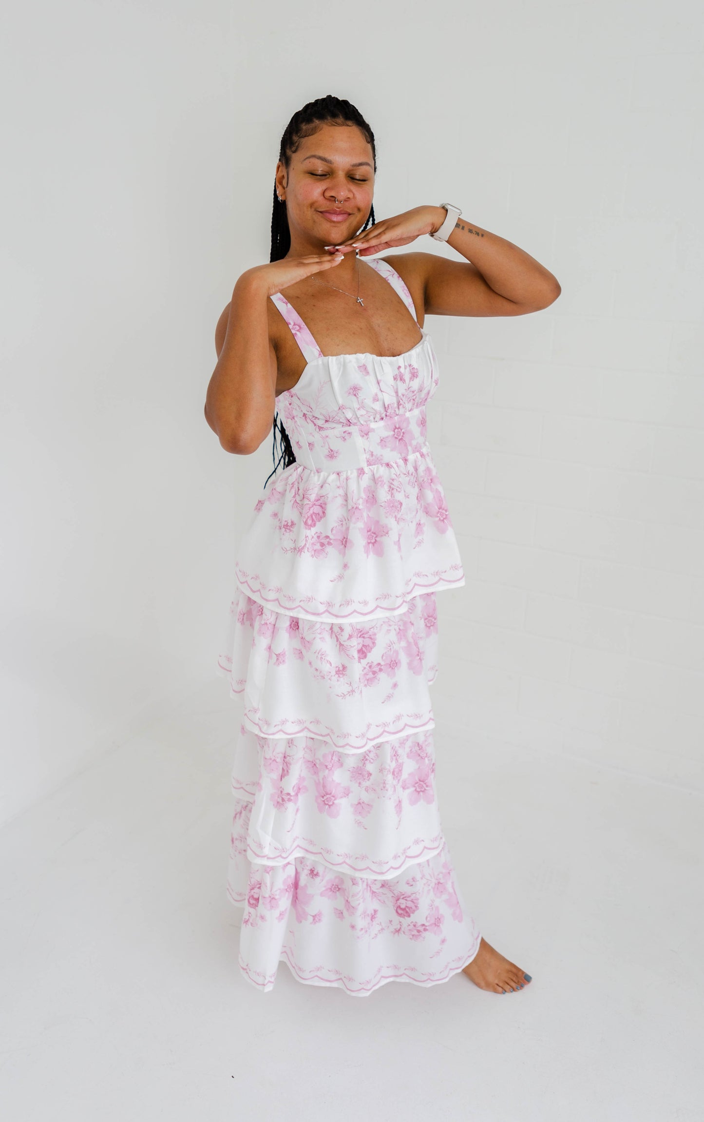 Pink Floral Ruffled Tiered Maxi Dress