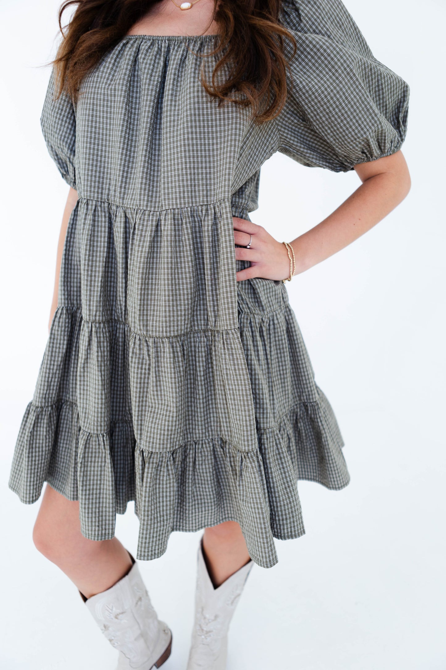 Olive Gingham Puff Sleeve Tiered Mini Dress