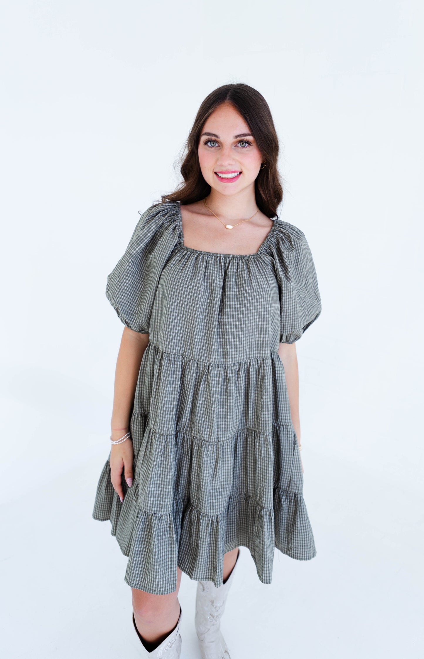 Olive Gingham Puff Sleeve Tiered Mini Dress