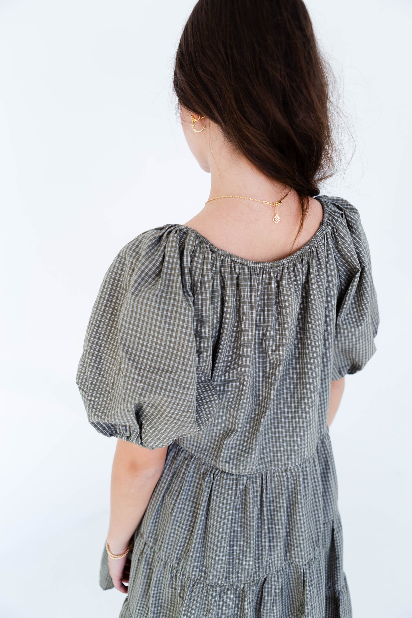 Olive Gingham Puff Sleeve Tiered Mini Dress