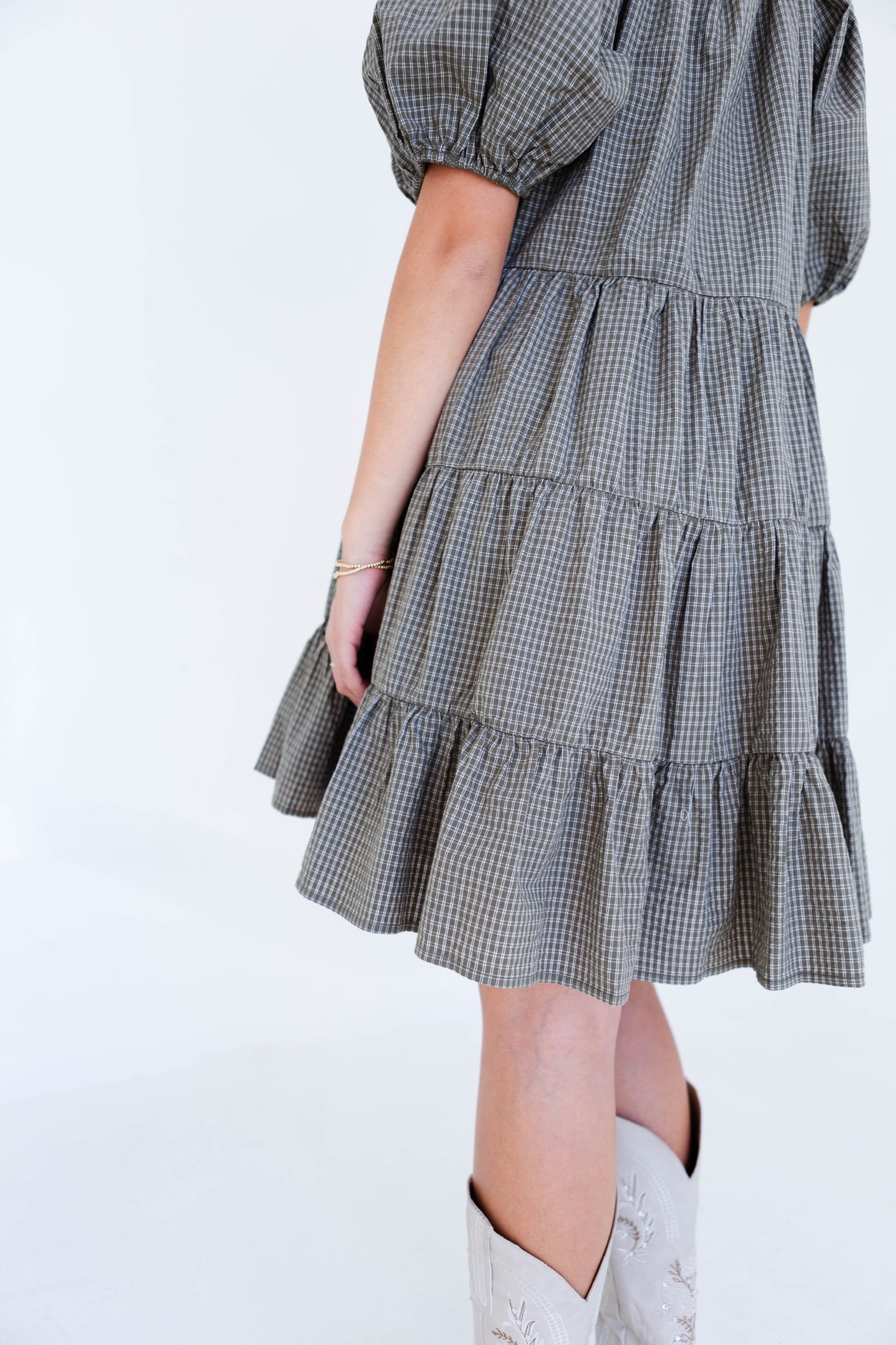 Olive Gingham Puff Sleeve Tiered Mini Dress