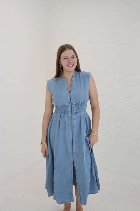 Sleeveless Denim V-Neck Maxi Dress