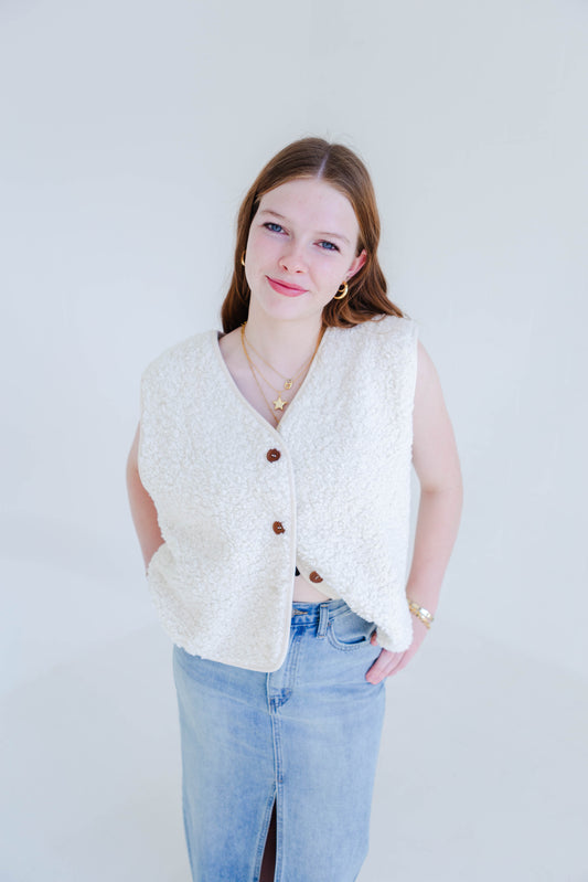 Ivory Sherpa Button Vest