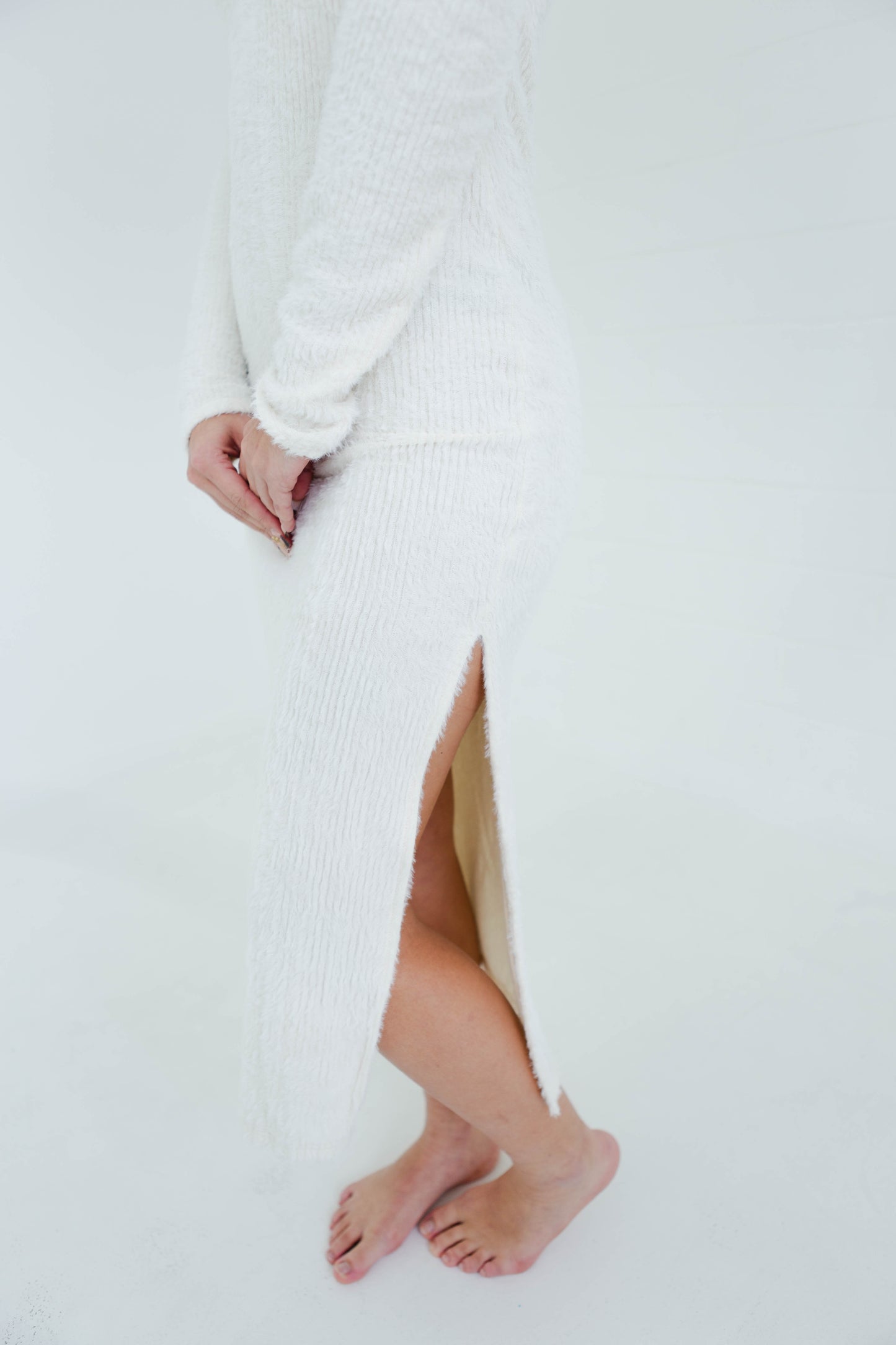 Cream Fuzzy Knit High Slit Midi Dress