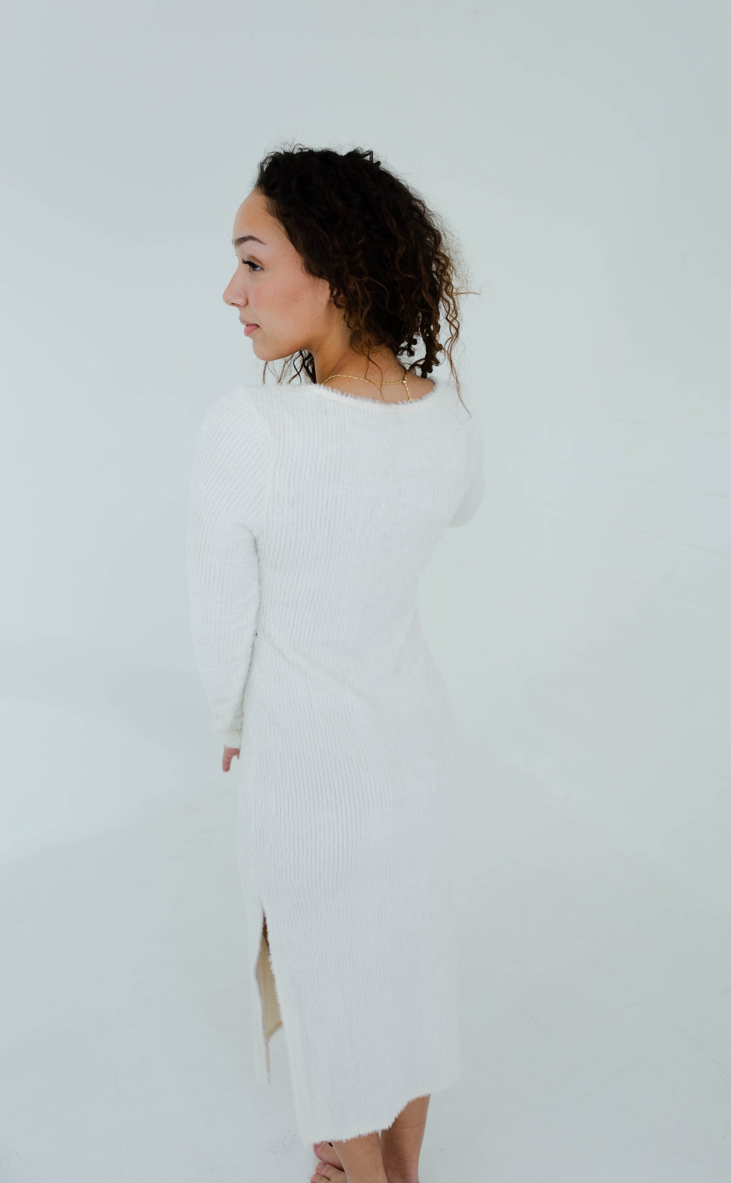 Cream Fuzzy Knit High Slit Midi Dress