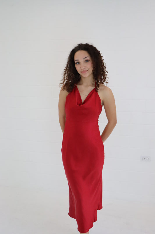 Red Halter Cowl Neck Midi Dress