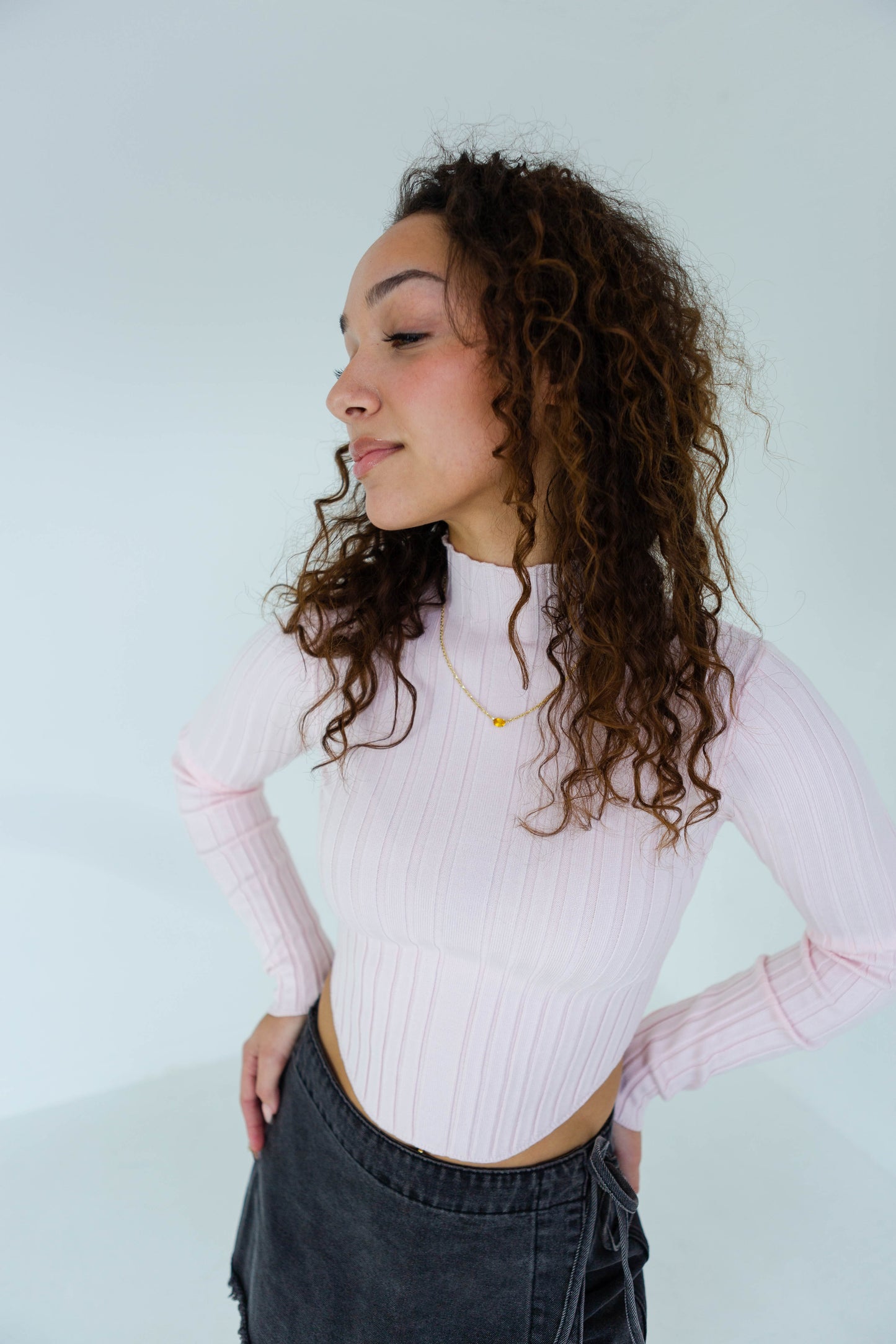 Light Pink High Neck Ribbed Sweater Top