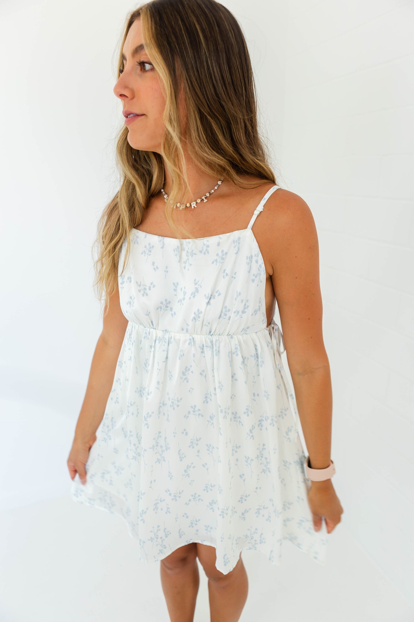 White & Blue Floral Mini Dress