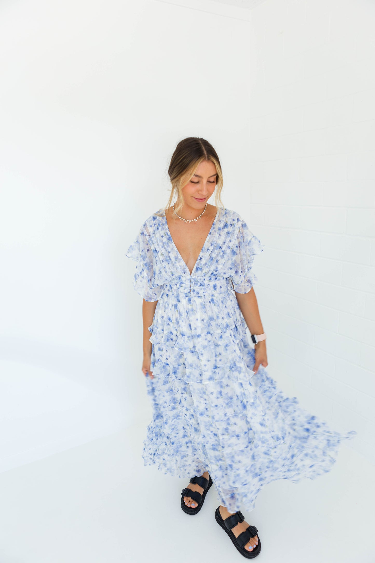 White & Blue Floral Ruffle Dress