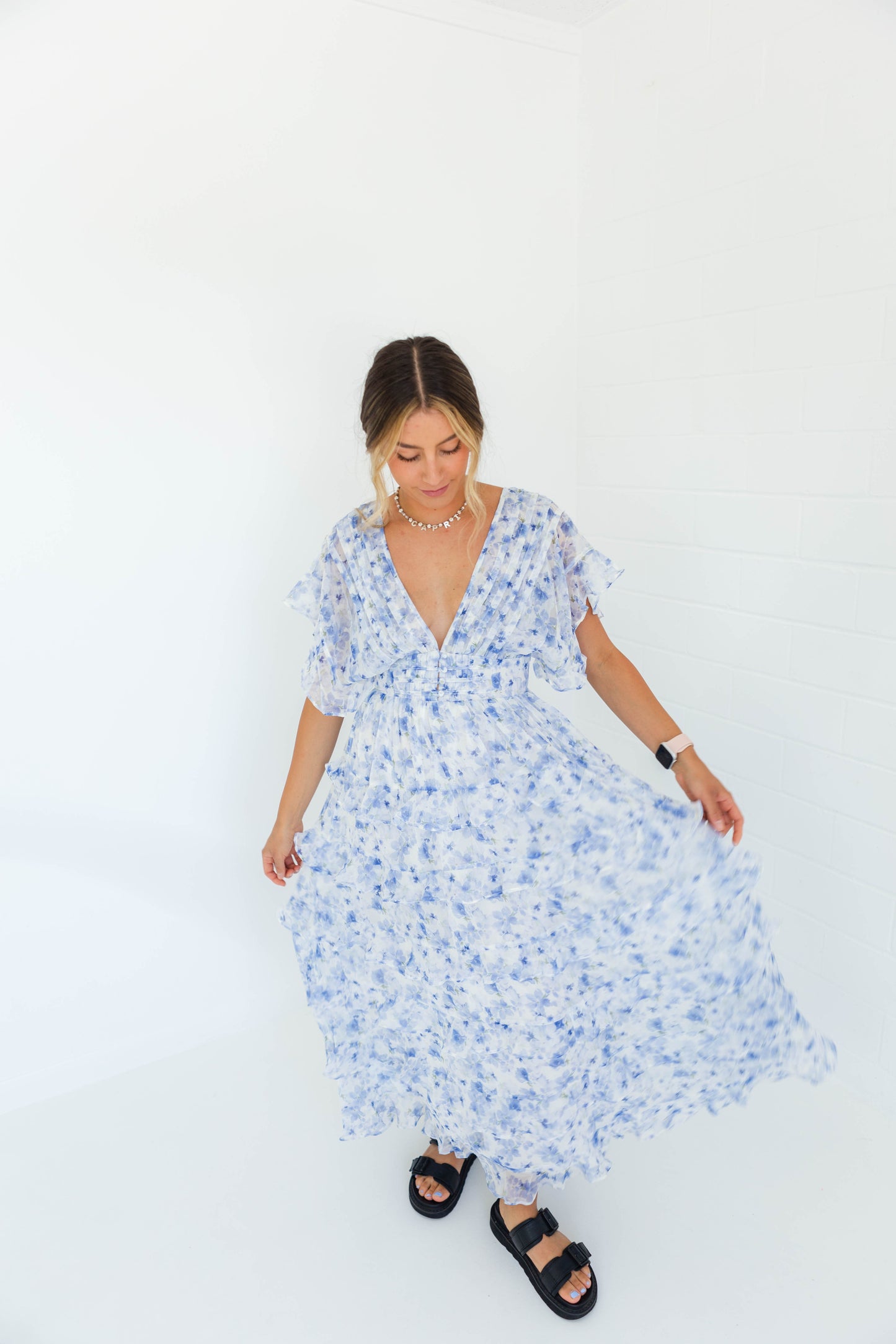 White & Blue Floral Ruffle Dress