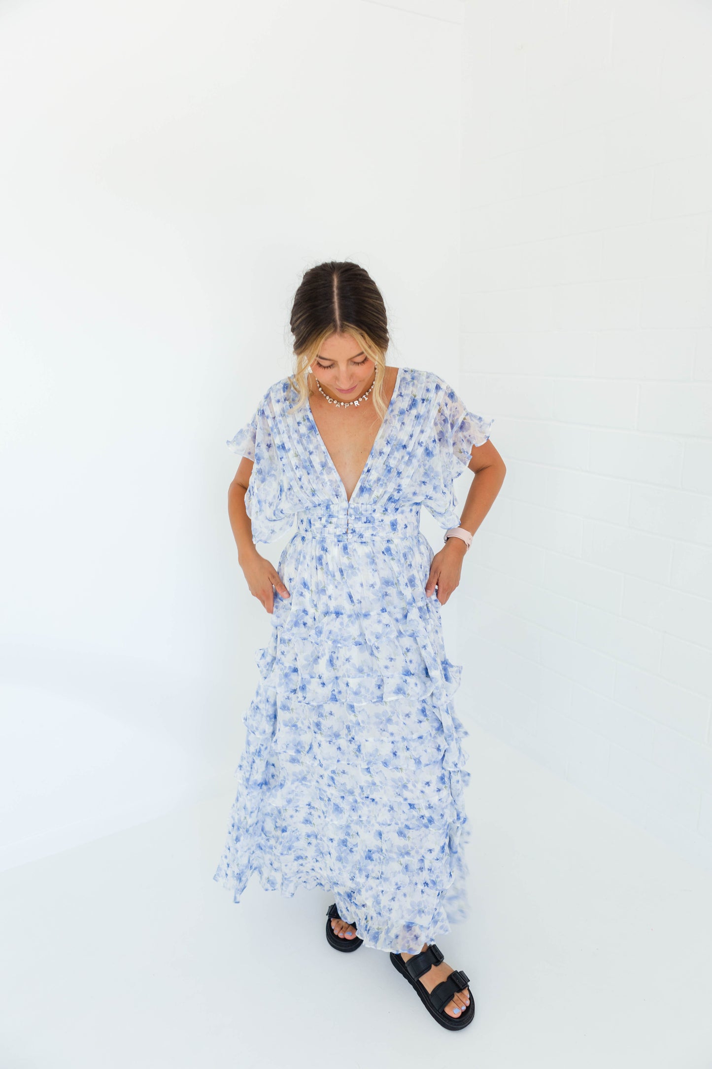 White & Blue Floral Ruffle Dress