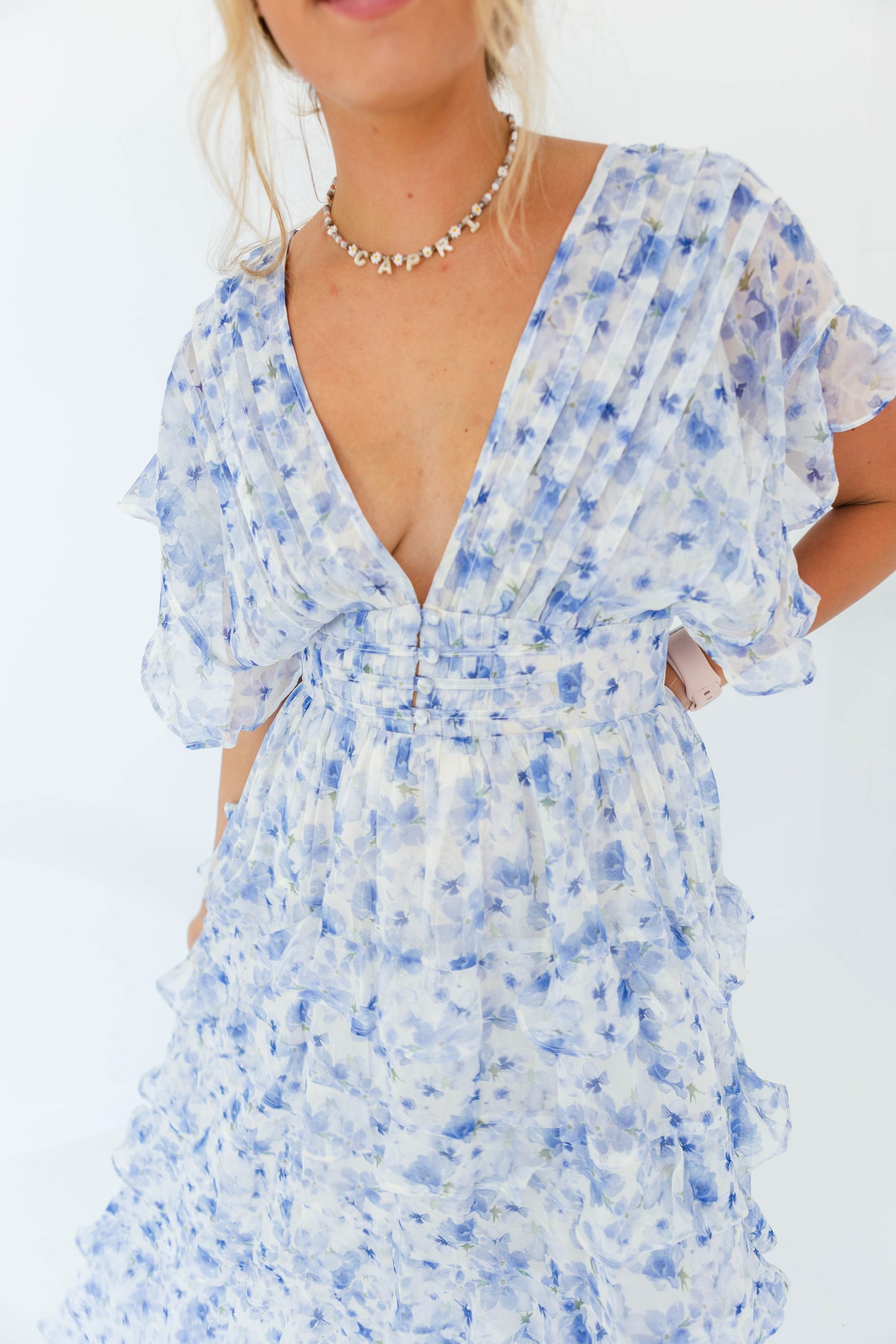 White & Blue Floral Ruffle Dress