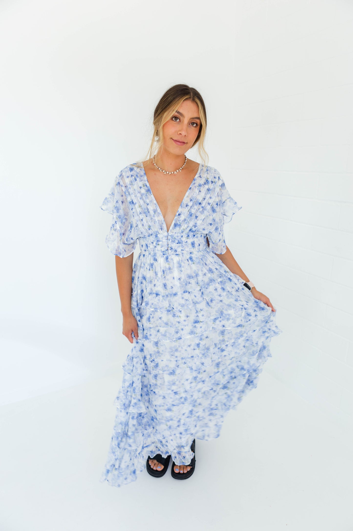 White & Blue Floral Ruffle Dress