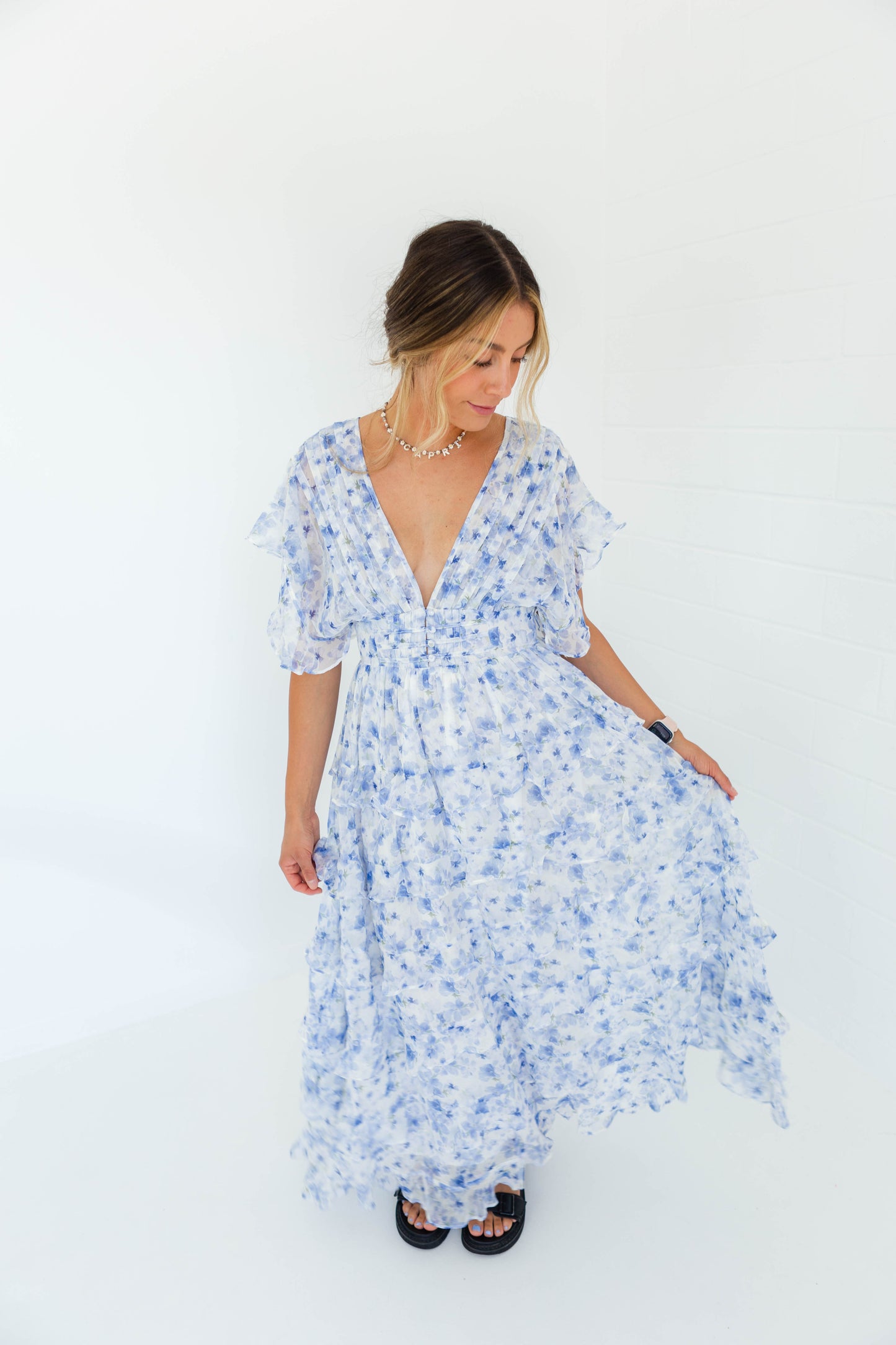 White & Blue Floral Ruffle Dress