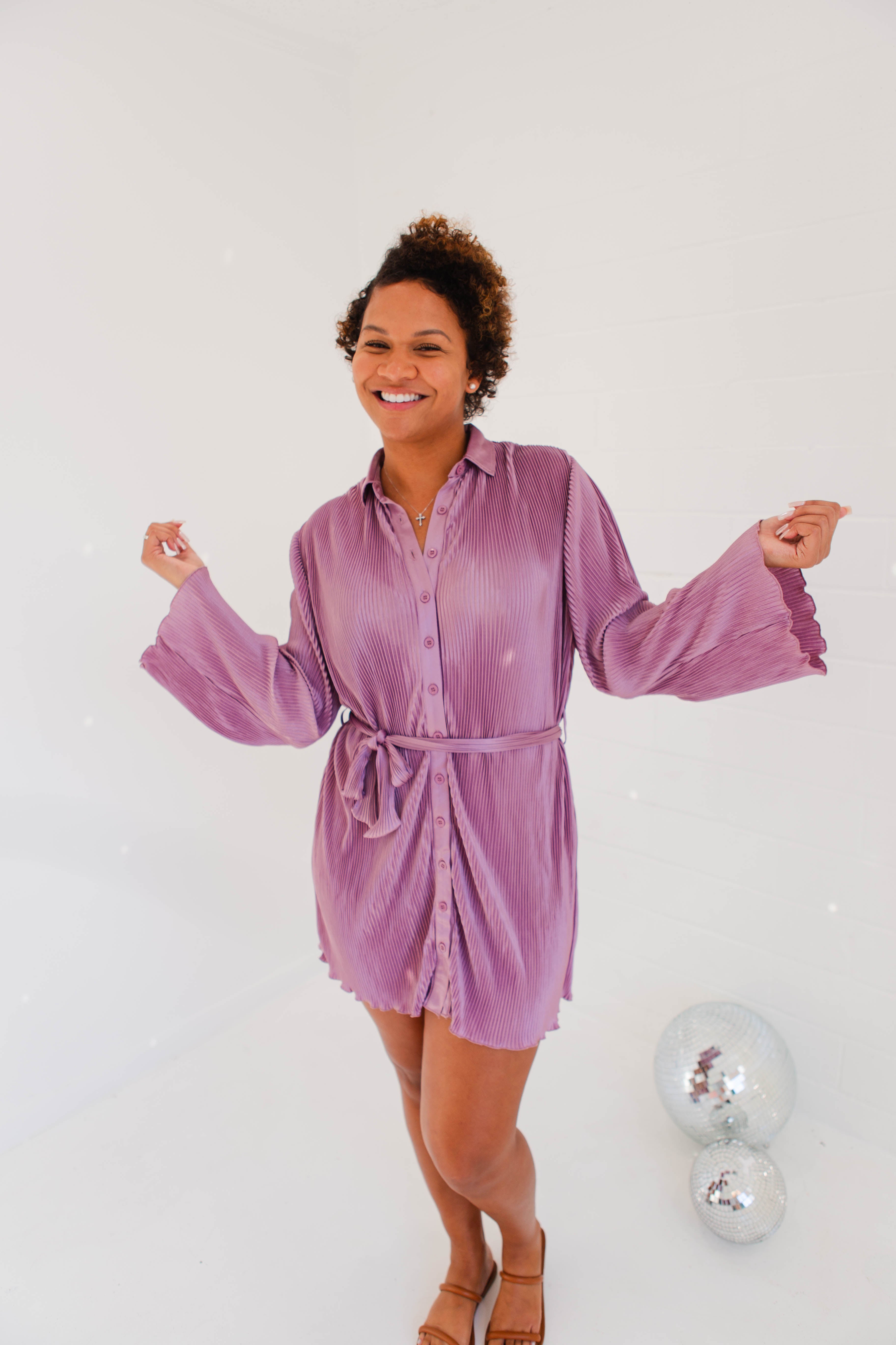 Dusty Lavender Pleated Belted Button Down Shirt Dress