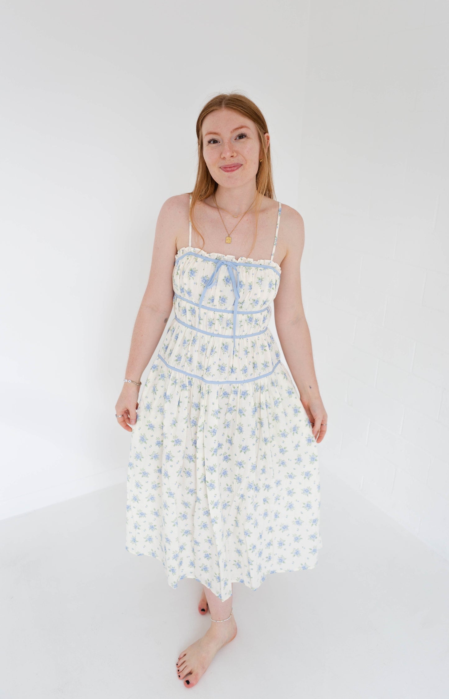 Ivory & Blue Floral Midi Dress with Ribbon Detail