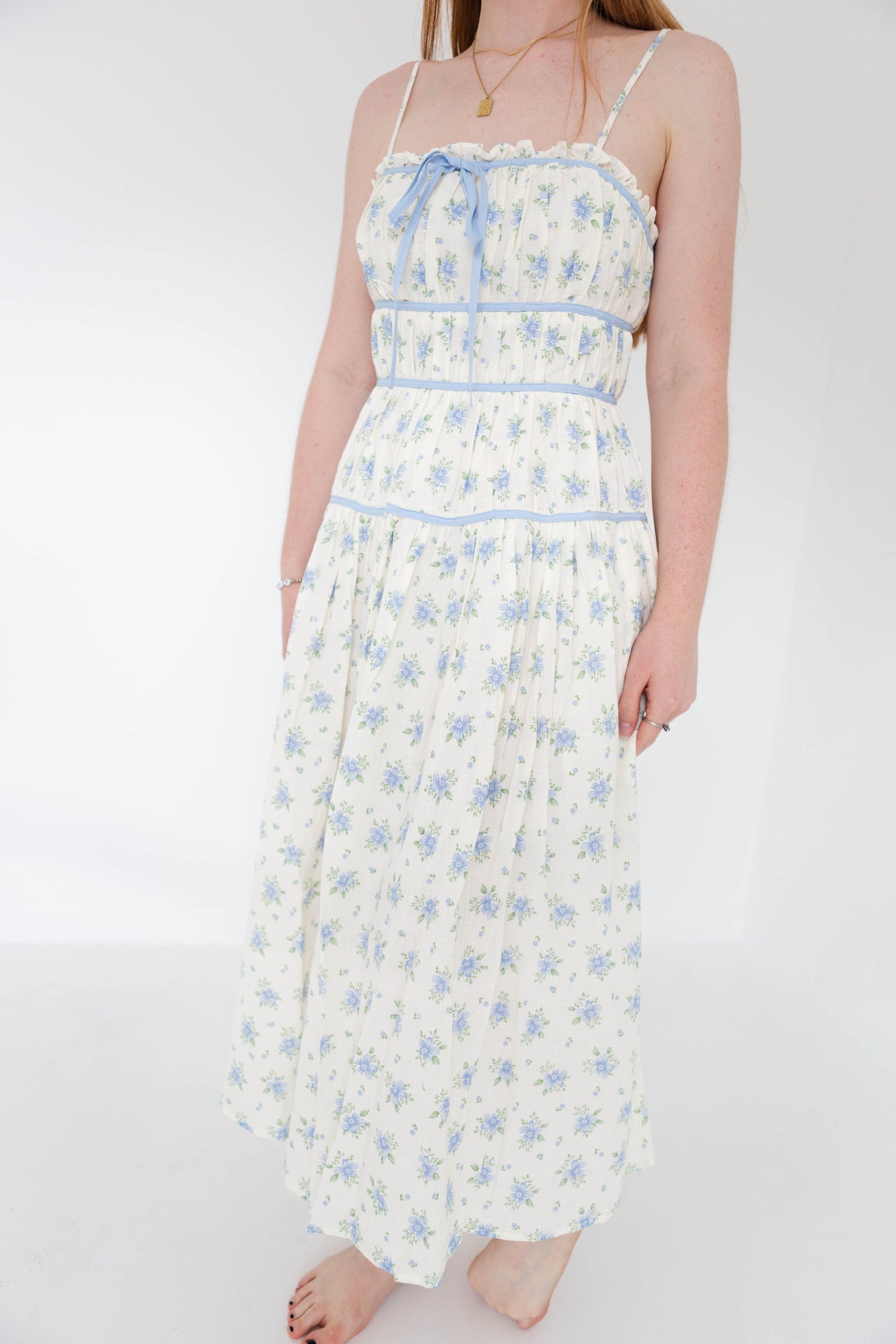 Ivory & Blue Floral Midi Dress with Ribbon Detail