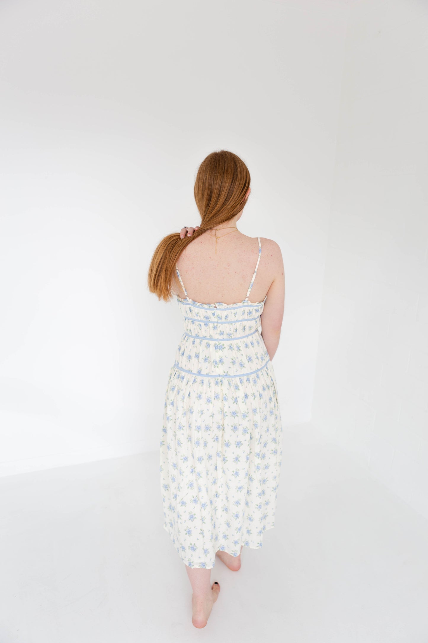 Ivory & Blue Floral Midi Dress with Ribbon Detail