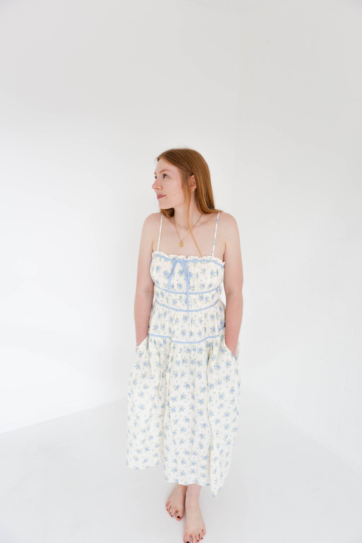 Ivory & Blue Floral Midi Dress with Ribbon Detail