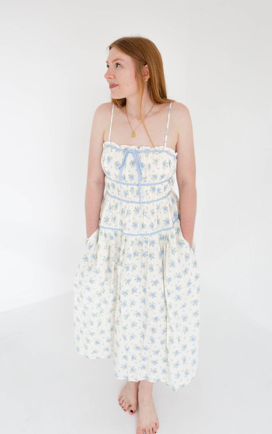 Ivory & Blue Floral Midi Dress with Ribbon Detail
